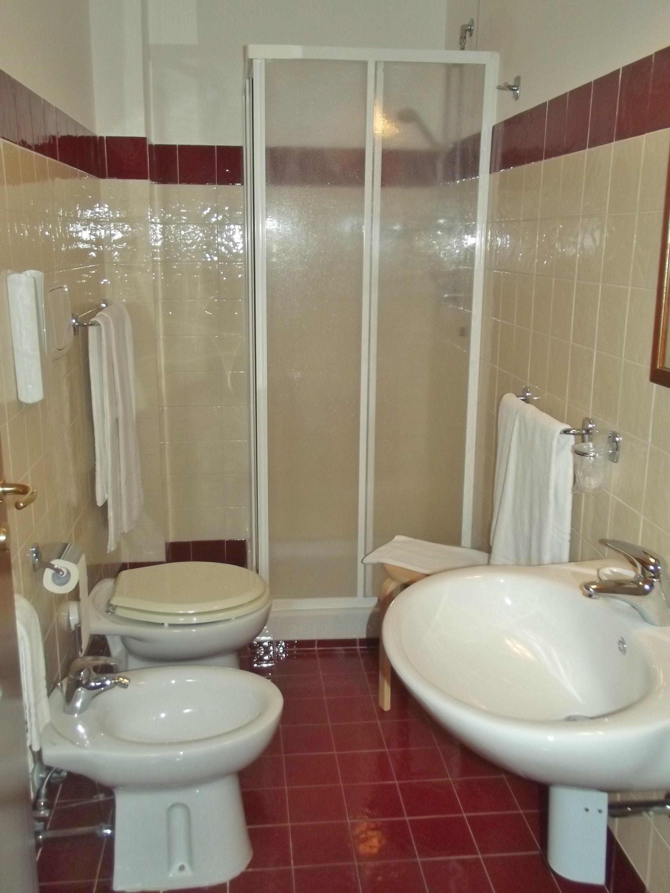 A bathroom with two toilets, a sink, and a shower enclosure.