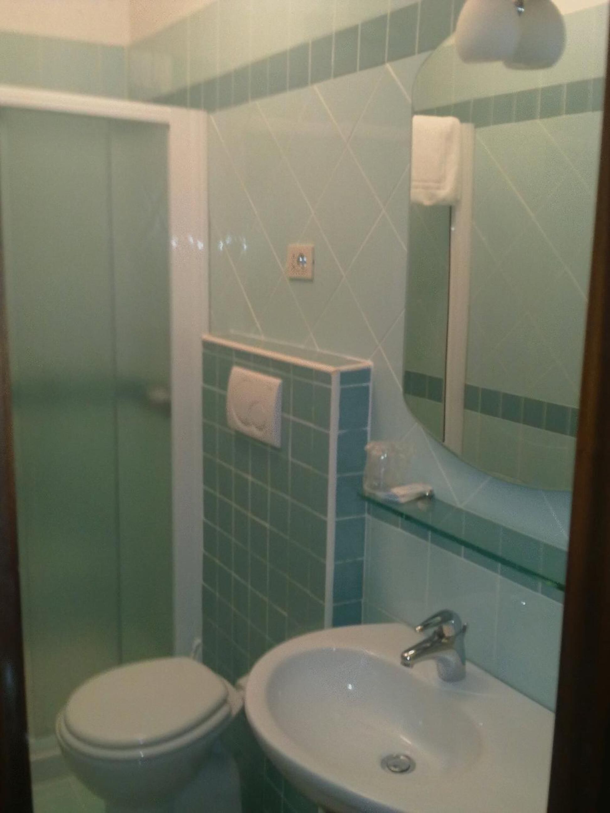 Une salle de bain avec des toilettes, un lavabo et un miroir.