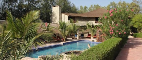 Alberca al aire libre, sombrillas en la alberca y camastros