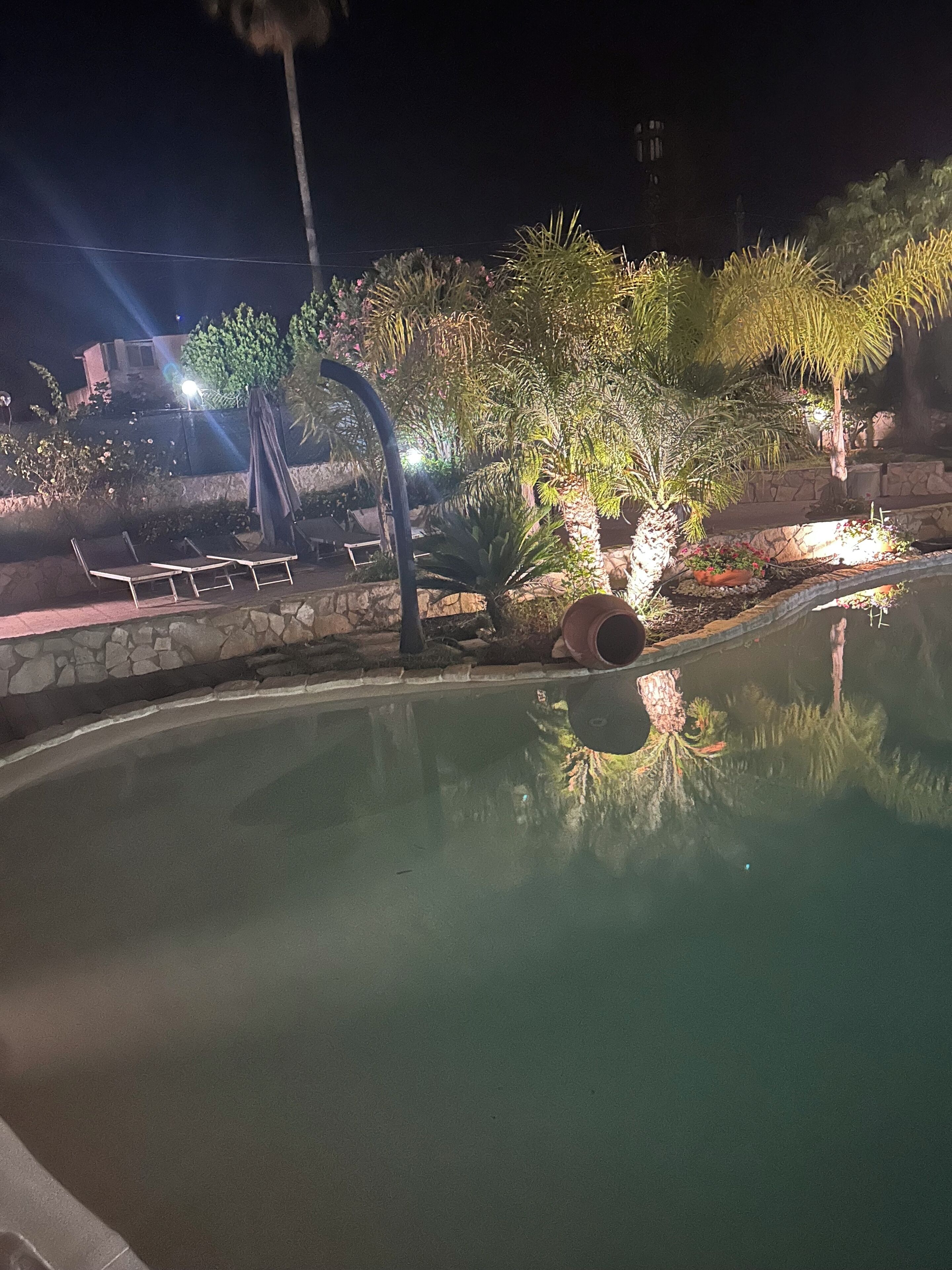 A nighttime pool area with lounge chairs, a stone wall, and various plants.