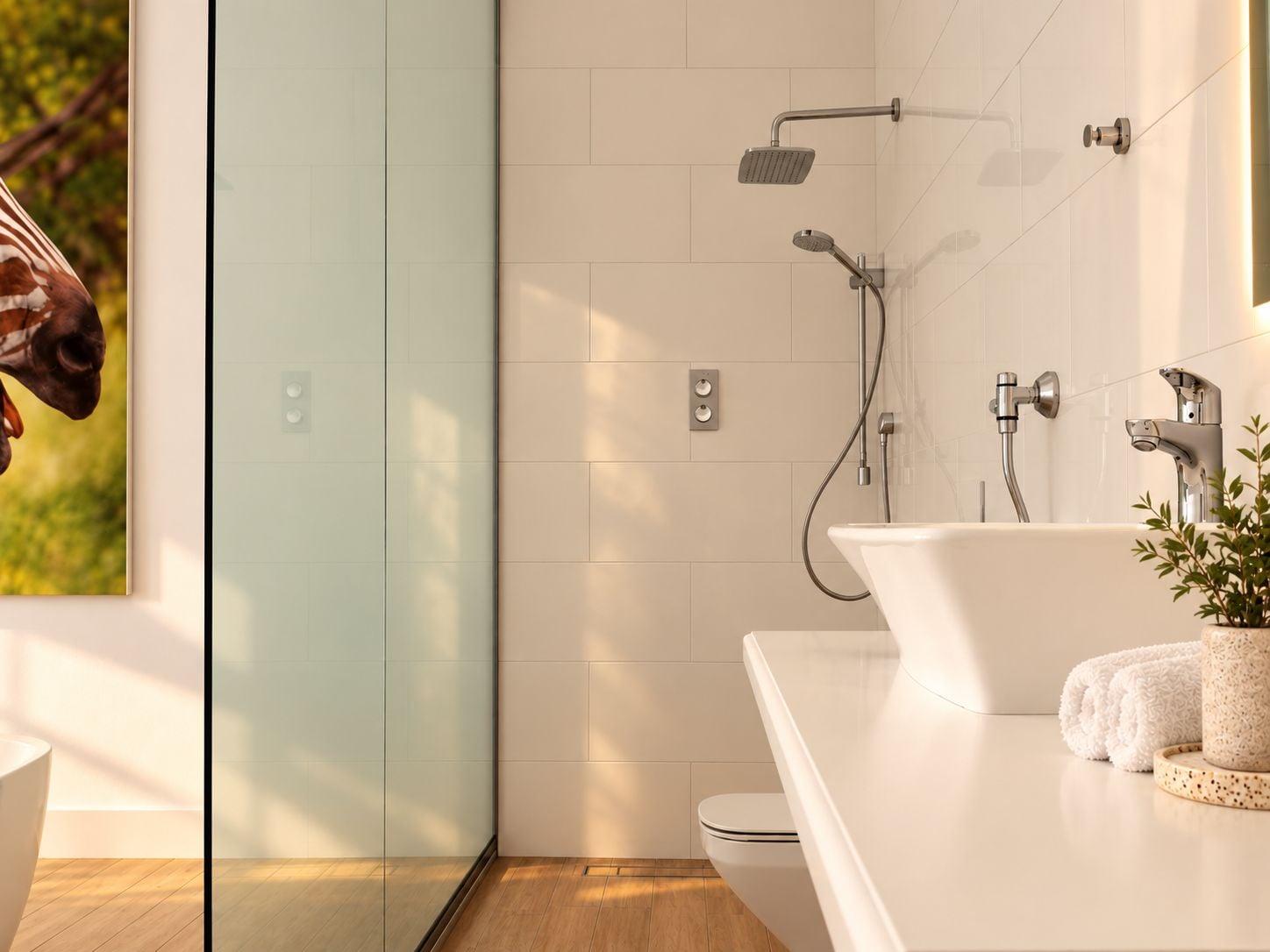 A modern bathroom with a glass shower enclosure, a white bathtub, and a sink with a plant.