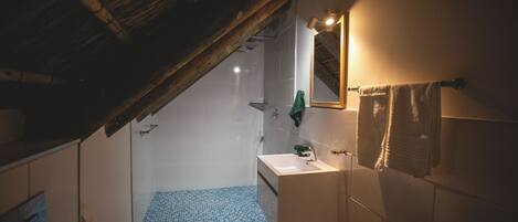 A bathroom with a shower, sink, and mirror.