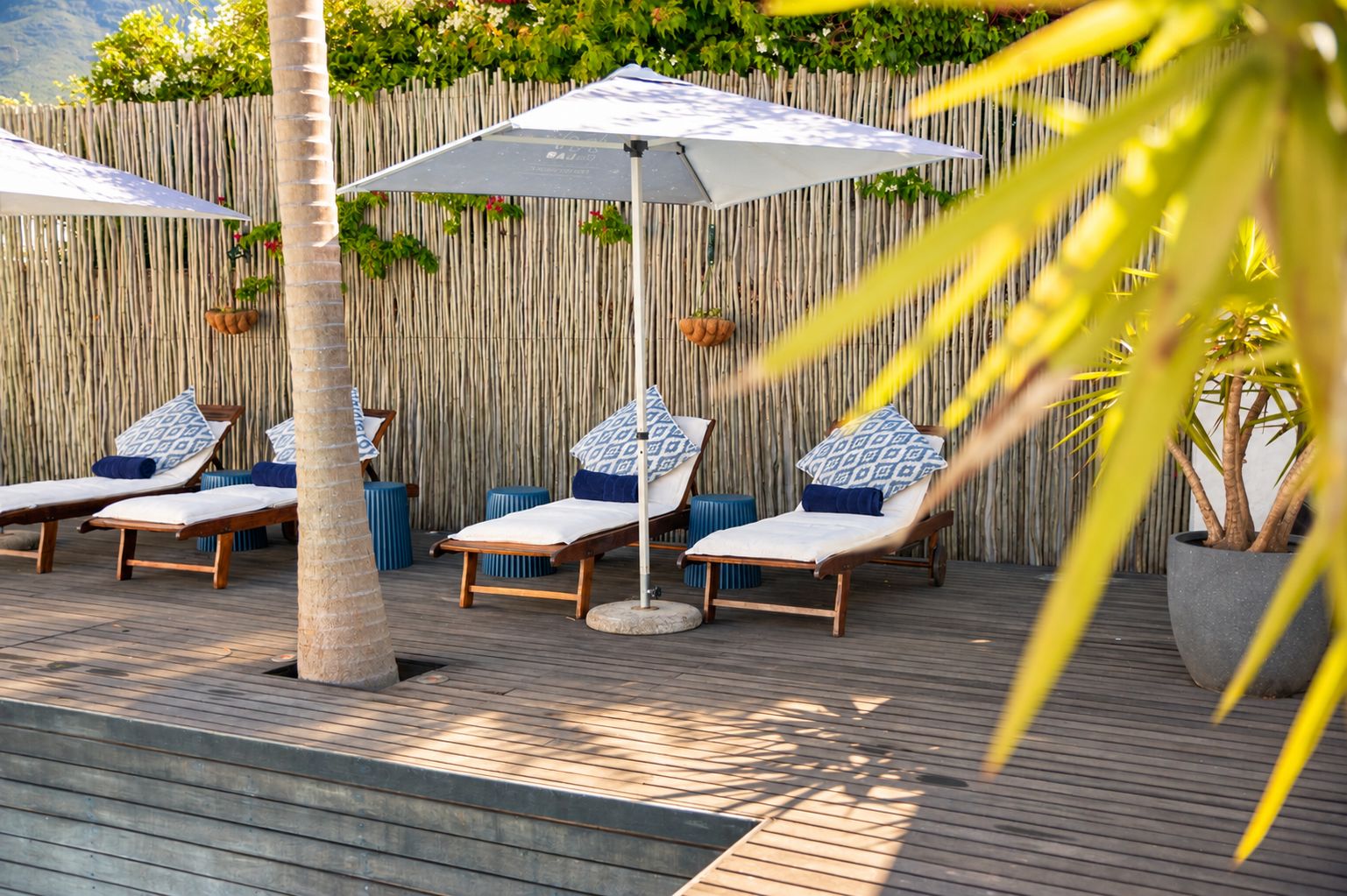 A deck with lounge chairs and umbrellas, a wooden fence, and potted plants.