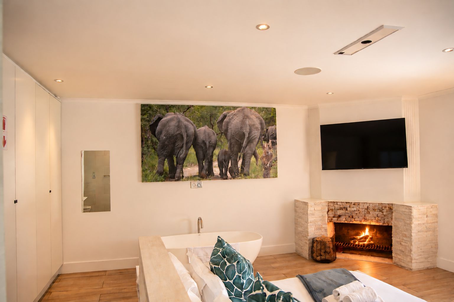 A bedroom with a large elephant painting, a fireplace, a TV, and a modern design.