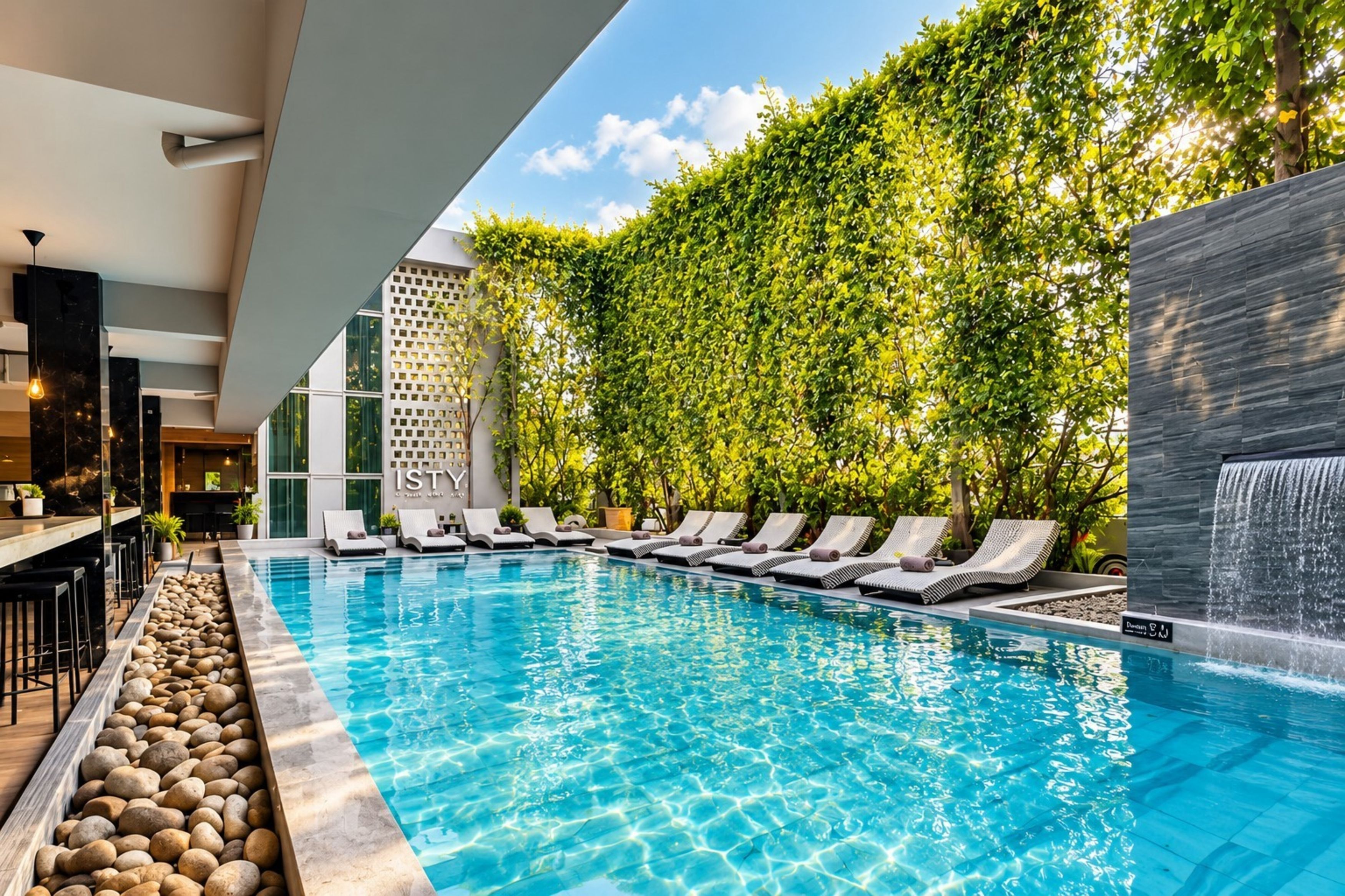 A swimming pool with lounge chairs, a bar area, and a wall with a climbing plant.