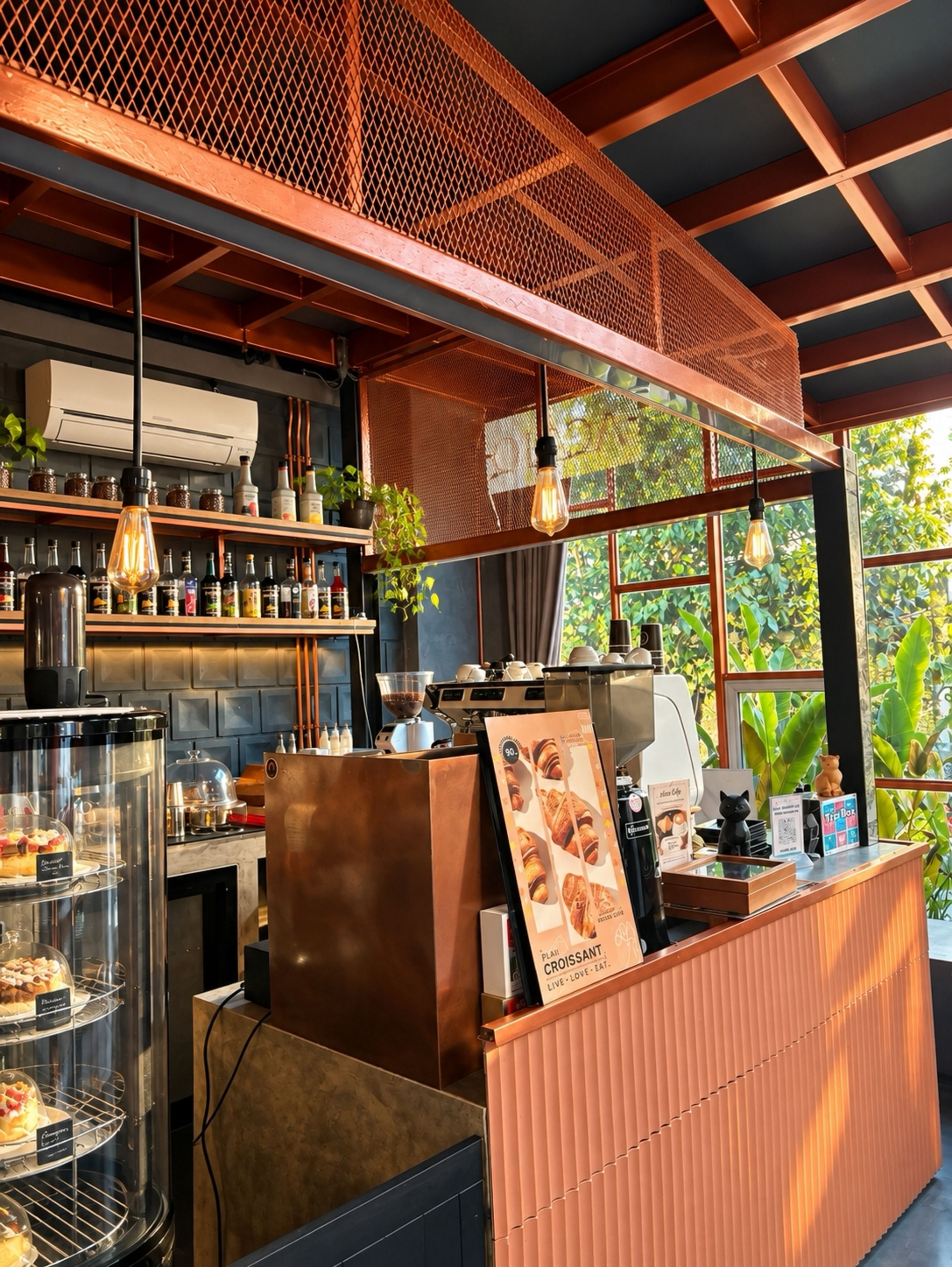 Interior de una cafetería con mostrador, vitrina y máquinas de café.