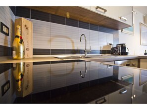 Fridge, microwave, oven, stovetop