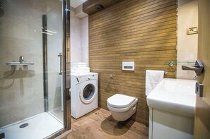 Shower, hair dryer, towels, toilet paper