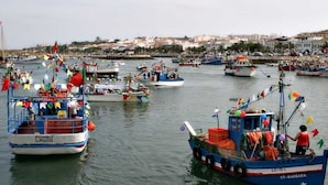Un port où se trouvent de nombreux bateaux, dont certains arborent des drapeaux, avec une vue sur la ville en arrière-plan.