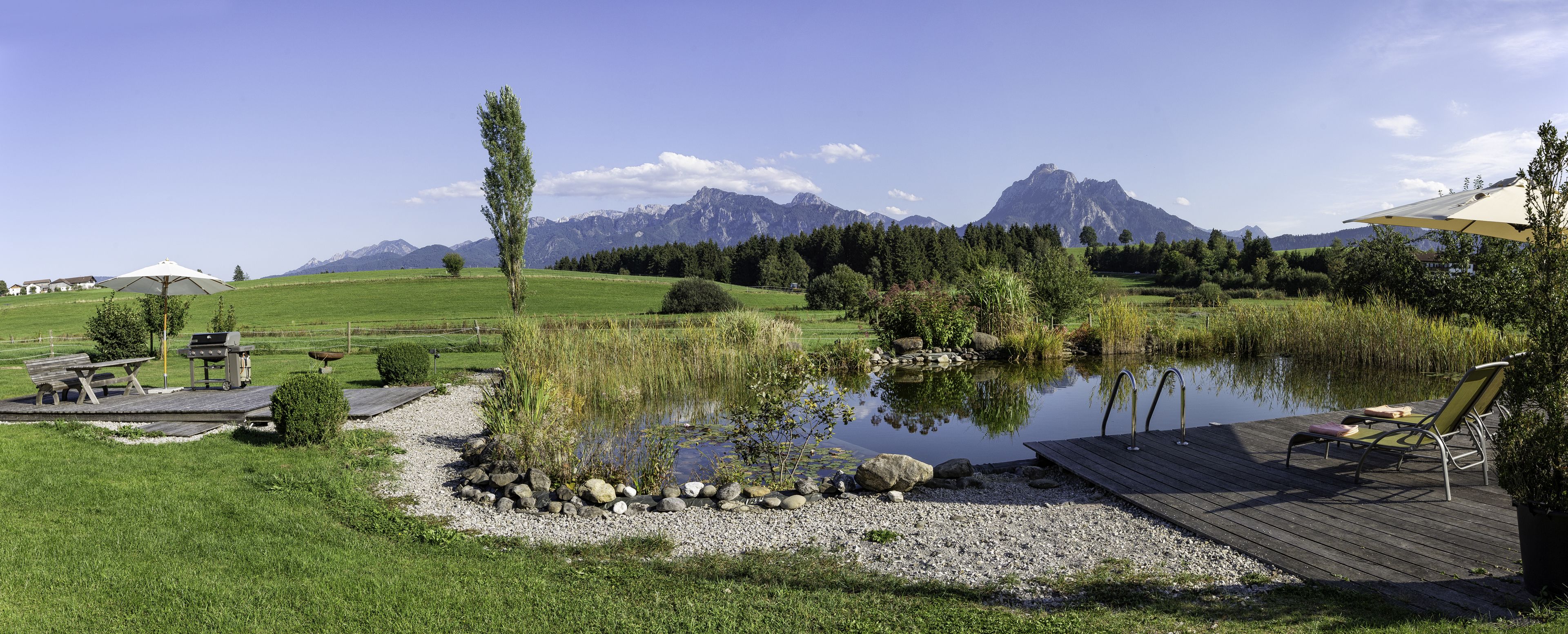 A lakeside deck with outdoor furniture, a barbecue area, and a view of mountains in the background.