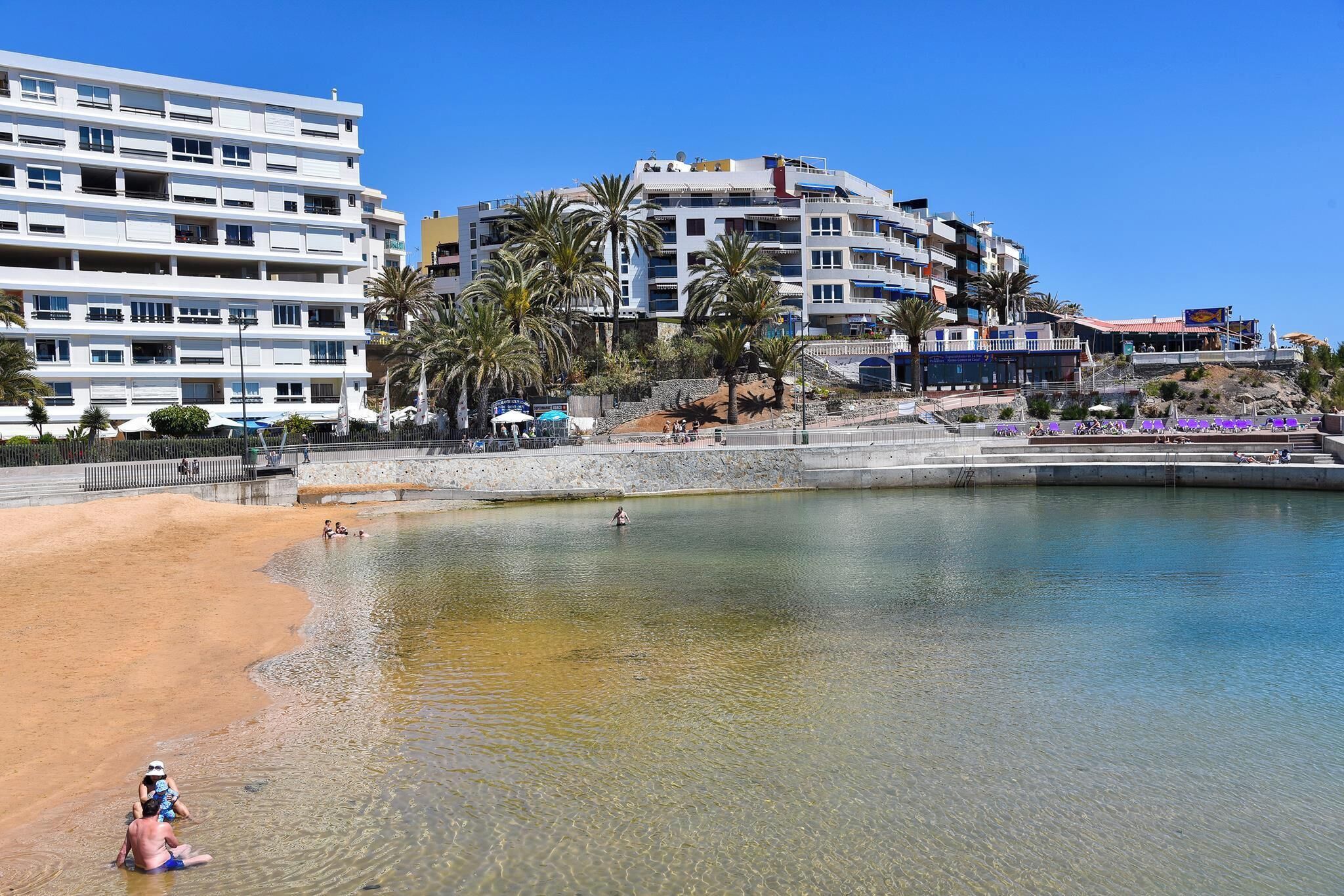 Un hôtel situé en bord de mer, avec plusieurs étages, des palmiers et une plage de sable.