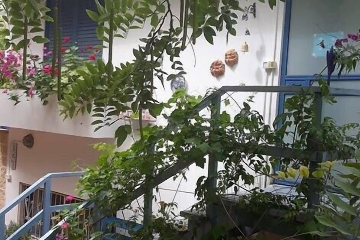 A covered outdoor area with a staircase, potted plants, and a white chair.
