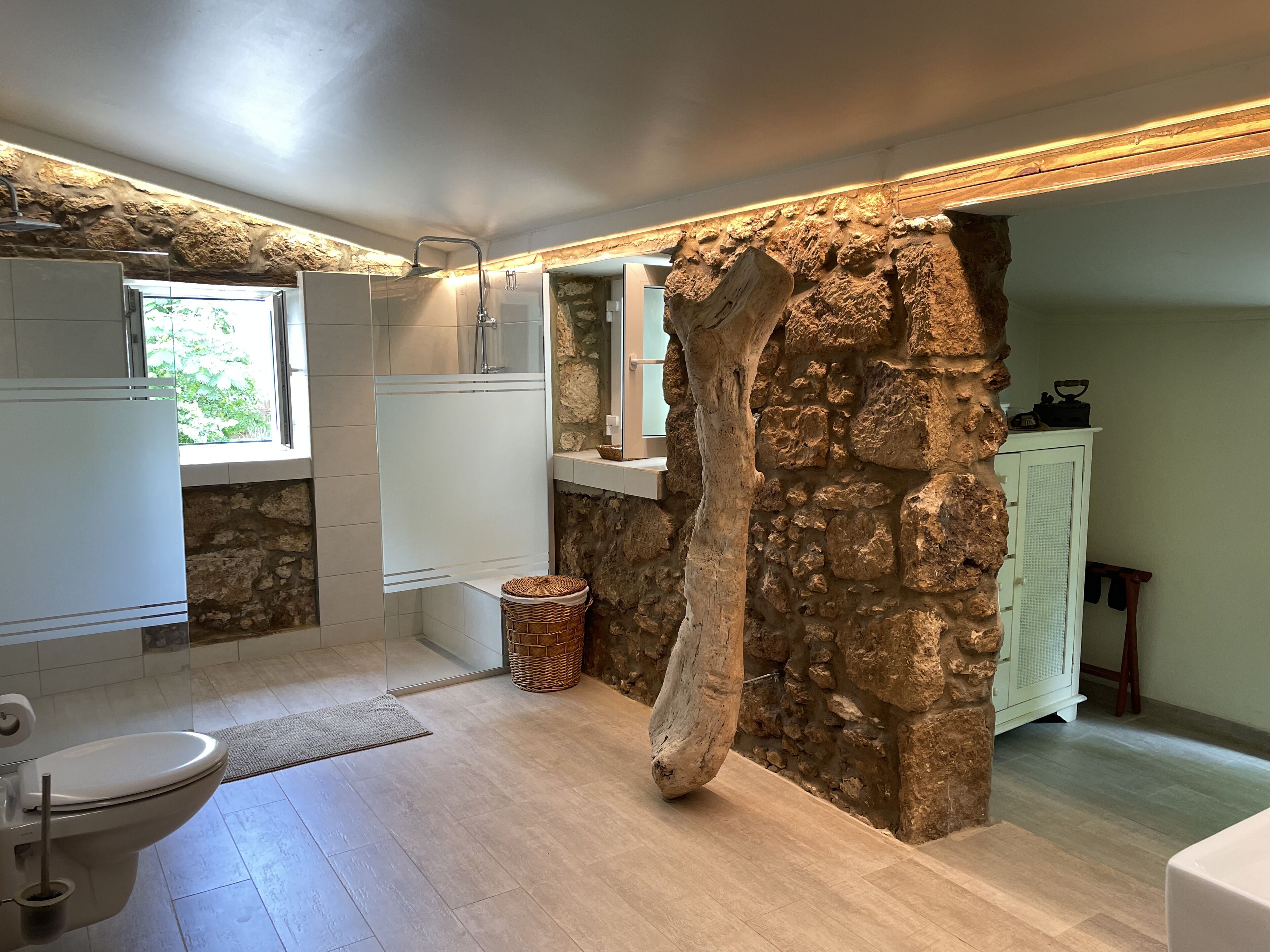 Shower, hair dryer, towels, toilet paper