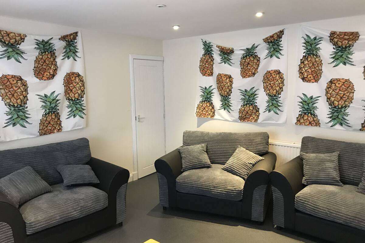 Ein Zimmer mit zwei Sofas und einem Sessel, einer weißen Tür und Wänden mit Ananas-Motiven.