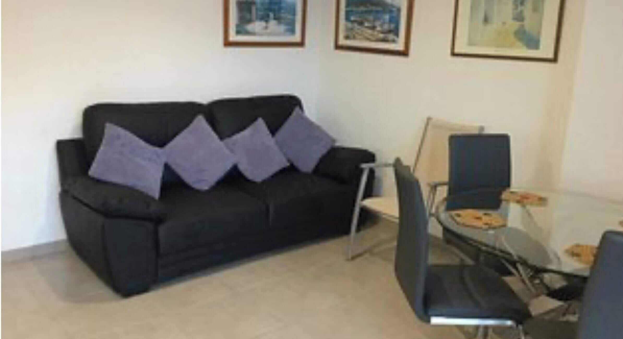 Un salón con un sofá negro, dos cojines morados, una mesa de centro de vidrio y una silla.