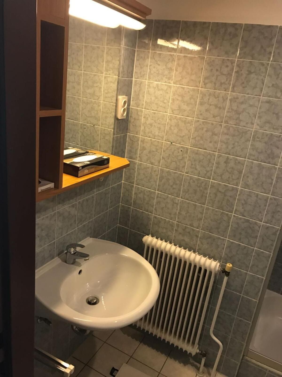 A bathroom with a white sink, a mirror, a shelf with toiletries, and a radiator.