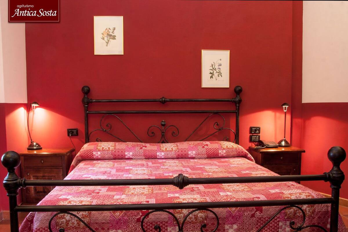 A bedroom with a red wall, a metal bed frame, a patterned bedspread, two bedside tables with lamps, and two framed botanical illustrations.