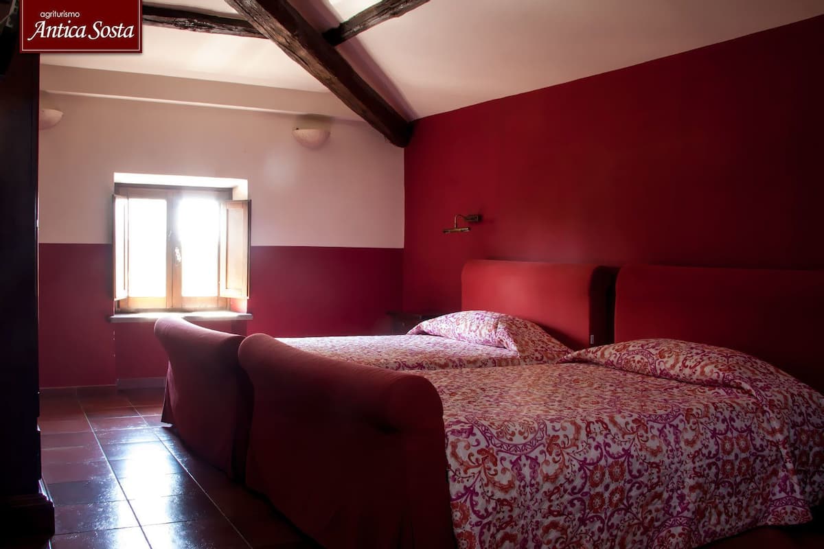 A bedroom with two beds, a red wall, and a window with natural light.
