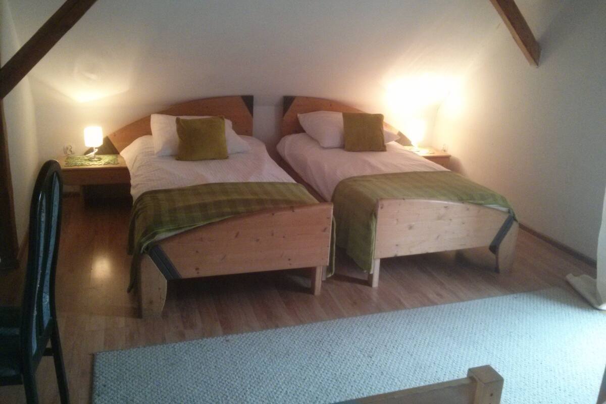 A small, cozy room with two single beds, wooden beams on the ceiling, and a nightstand with a lamp.