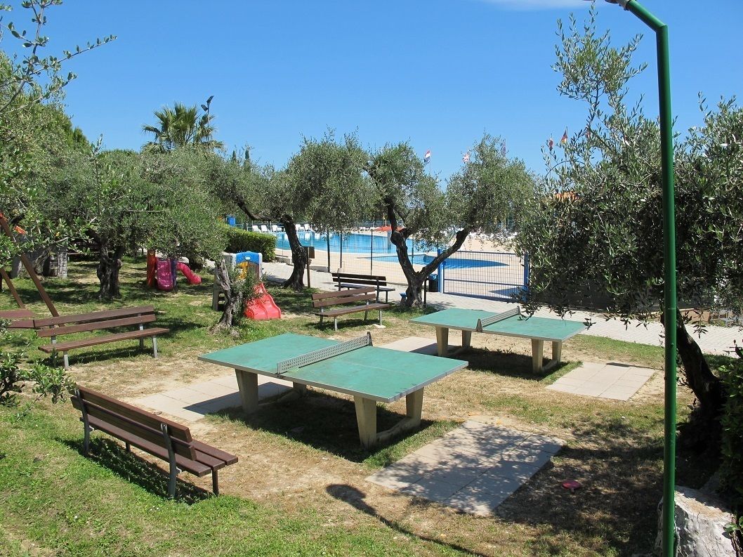 An outdoor area with picnic tables, benches, and a pool in the background.