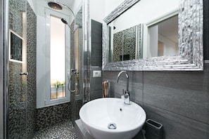 Douche, articles de toilette (gratuits), séchoir à cheveux