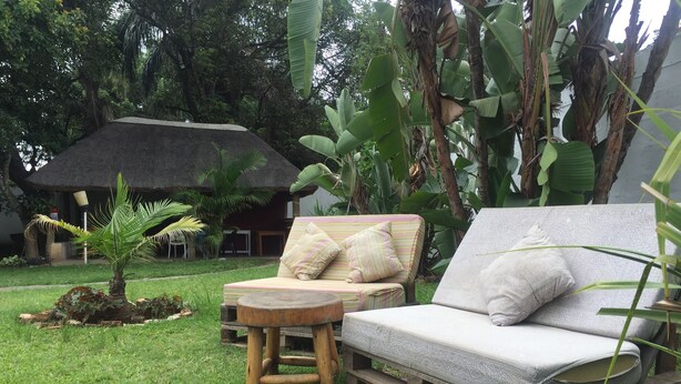 Una estructura con techo de paja, un banco de madera y un sofá con cojines en un exuberante jardín.
