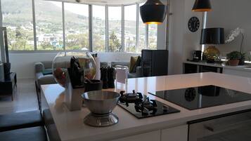 Penthouse | Private kitchen | Full-size fridge, microwave, oven, stovetop