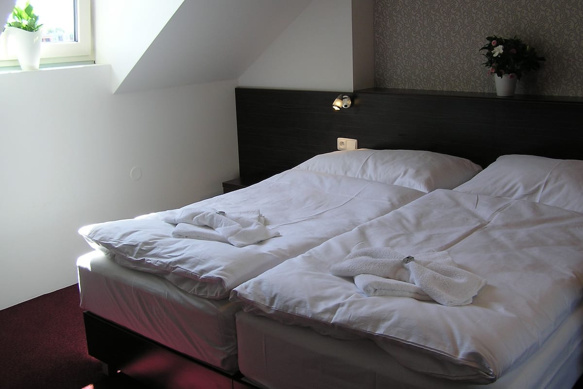 Un lit simple avec du linge de lit et des serviettes blanches, une tête de lit sombre, une table de chevet avec une lampe et une fenêtre agrémentée d’une plante.