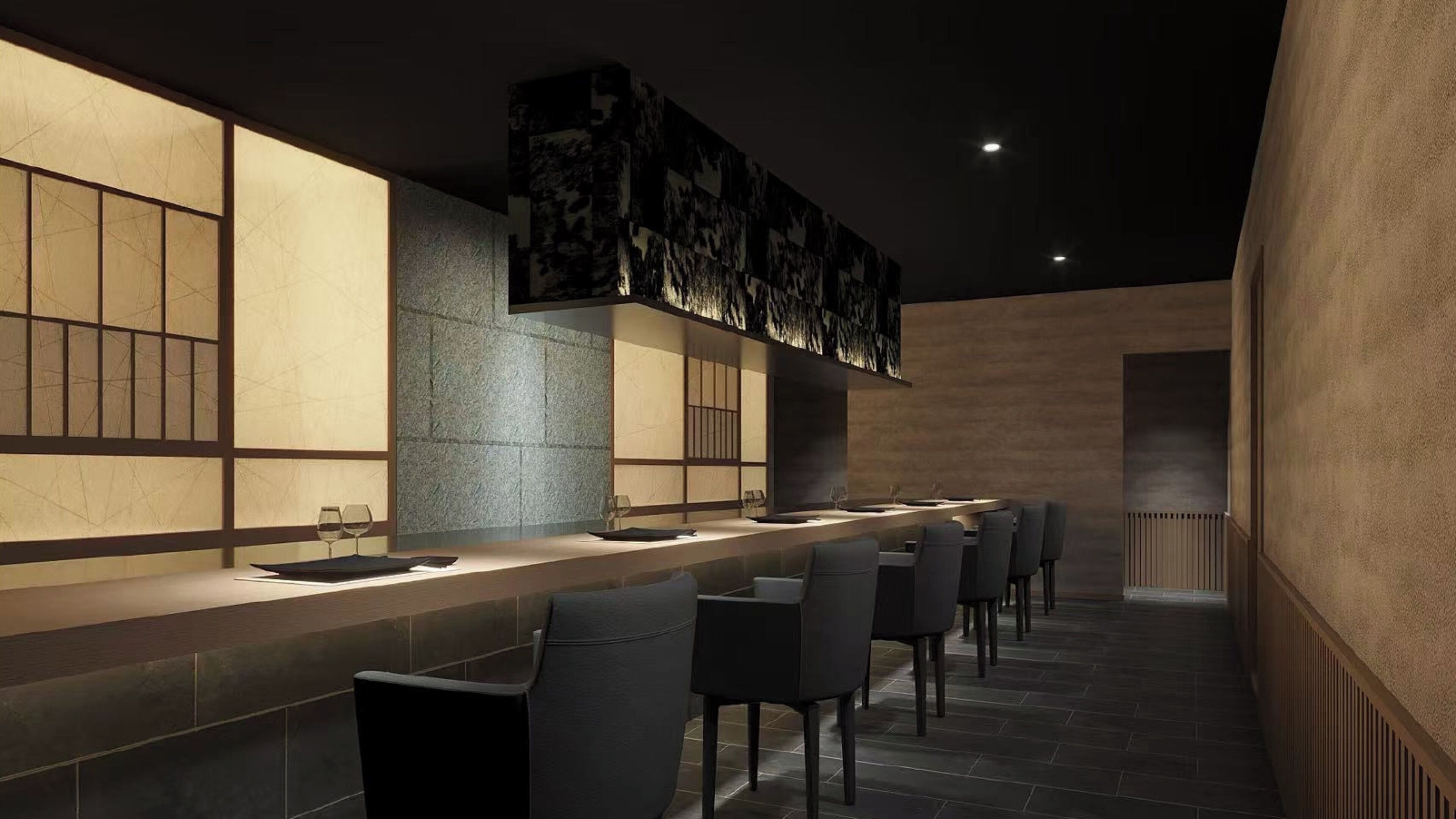 A modern bar area with a long counter, multiple seating options, and a unique wall design.
