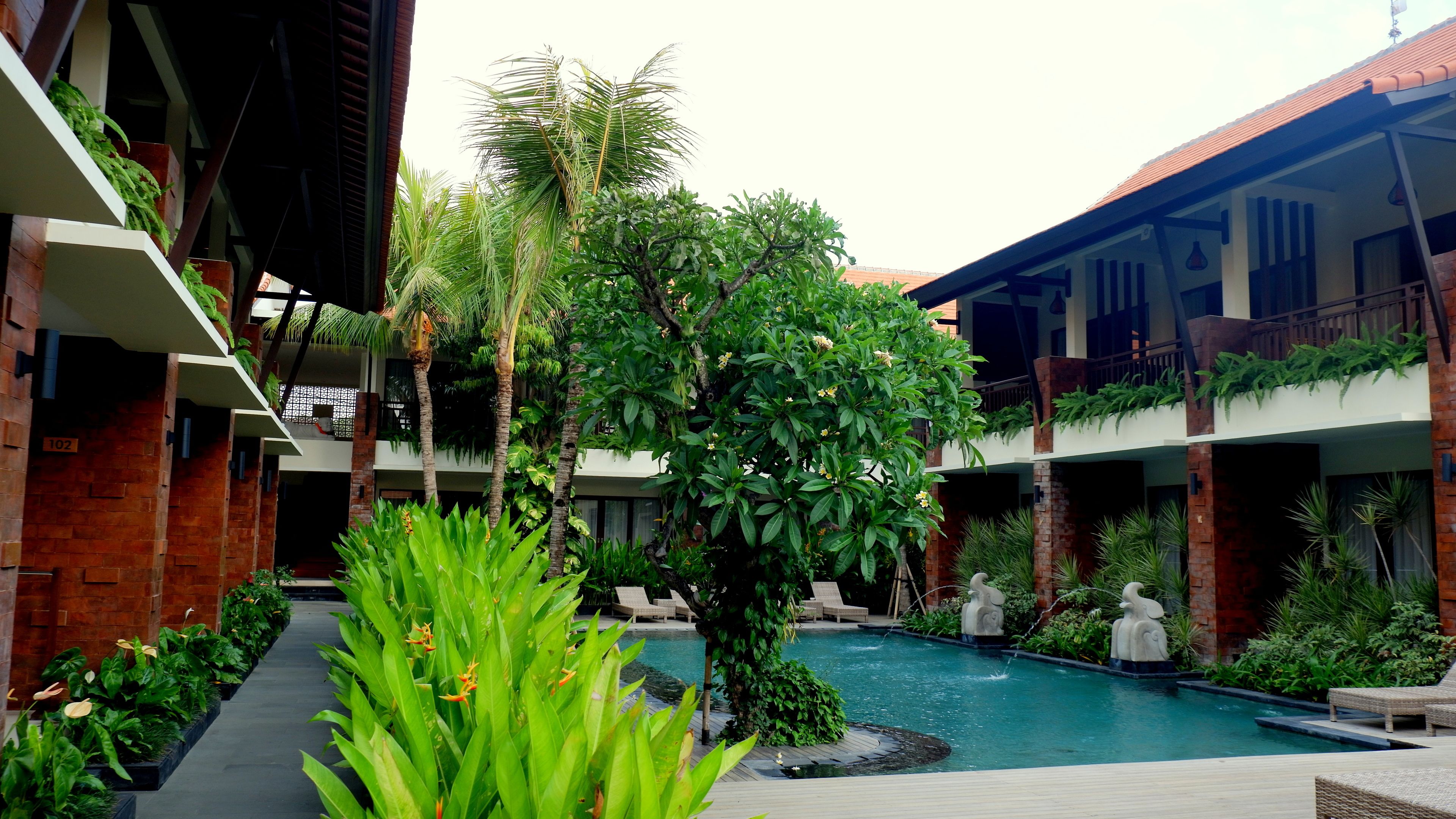 A courtyard with a swimming pool, surrounded by lush greenery and modern architecture.