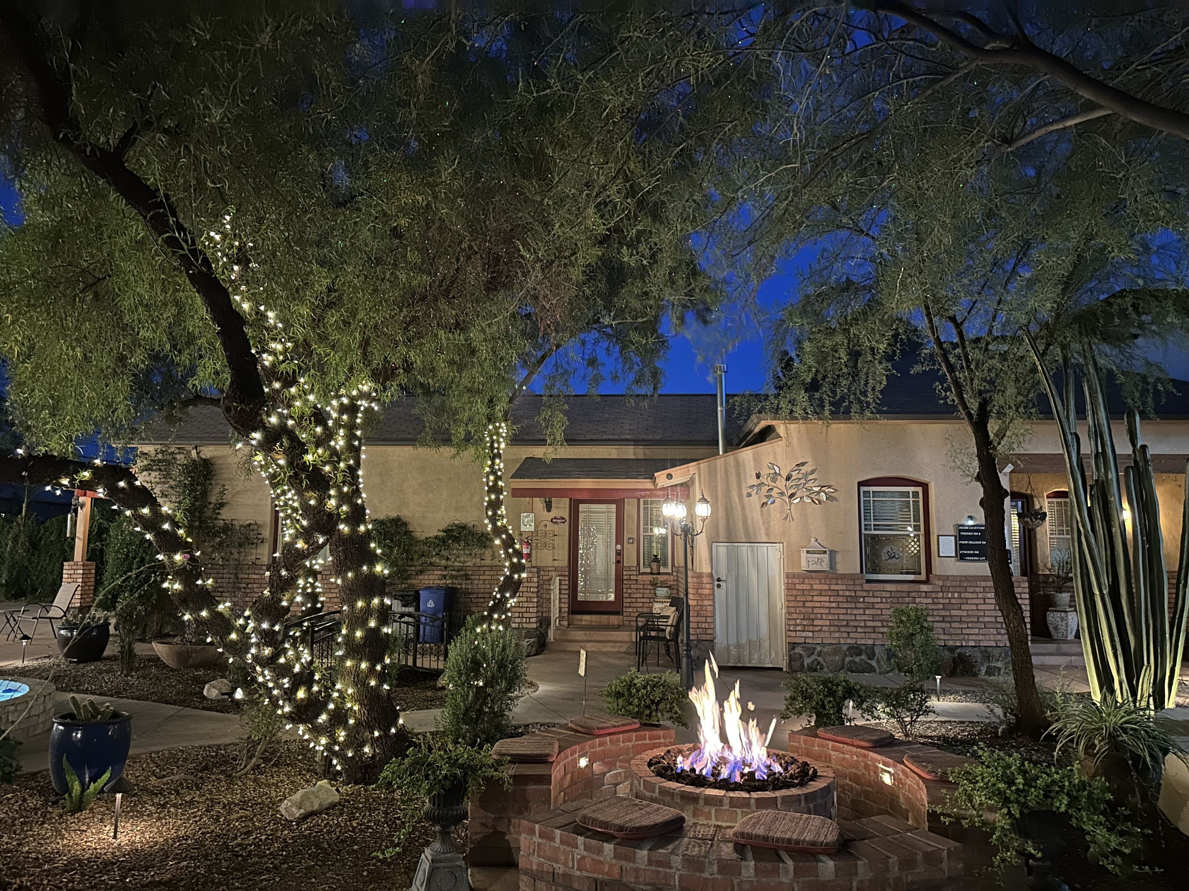 A patio area with a fire pit, outdoor seating, and a tree decorated with lights.