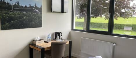 Habitación de hotel con cama, escritorio con silla, ventana con vista a follaje, radiador y un cuadro en la pared.