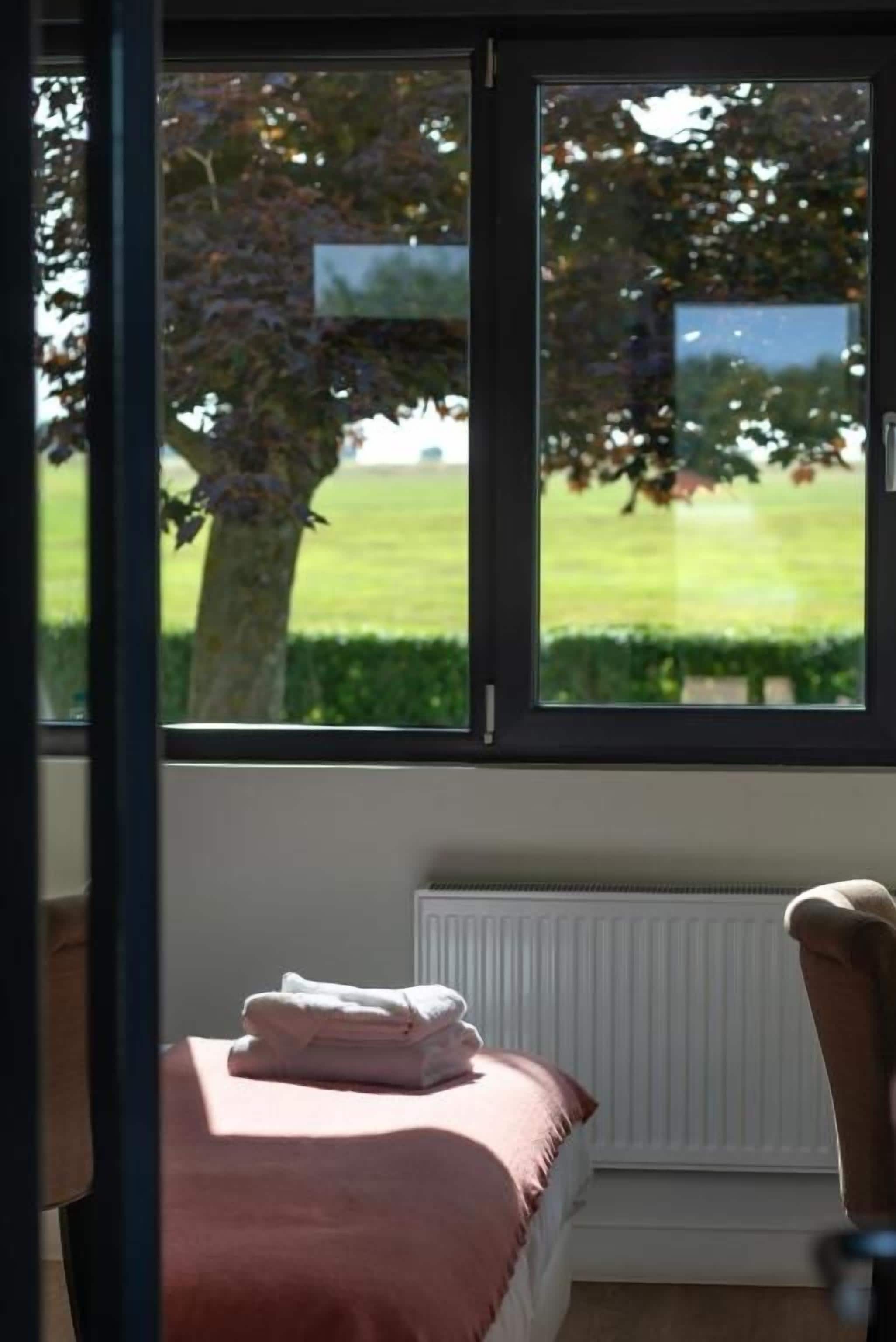 A bedroom with a bed, a radiator, and a window with a view of a tree and grass.