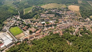 An aerial view of a town with a central square, surrounding buildings, and vineyards. - L' Eroico (Gaiole in Chianti)