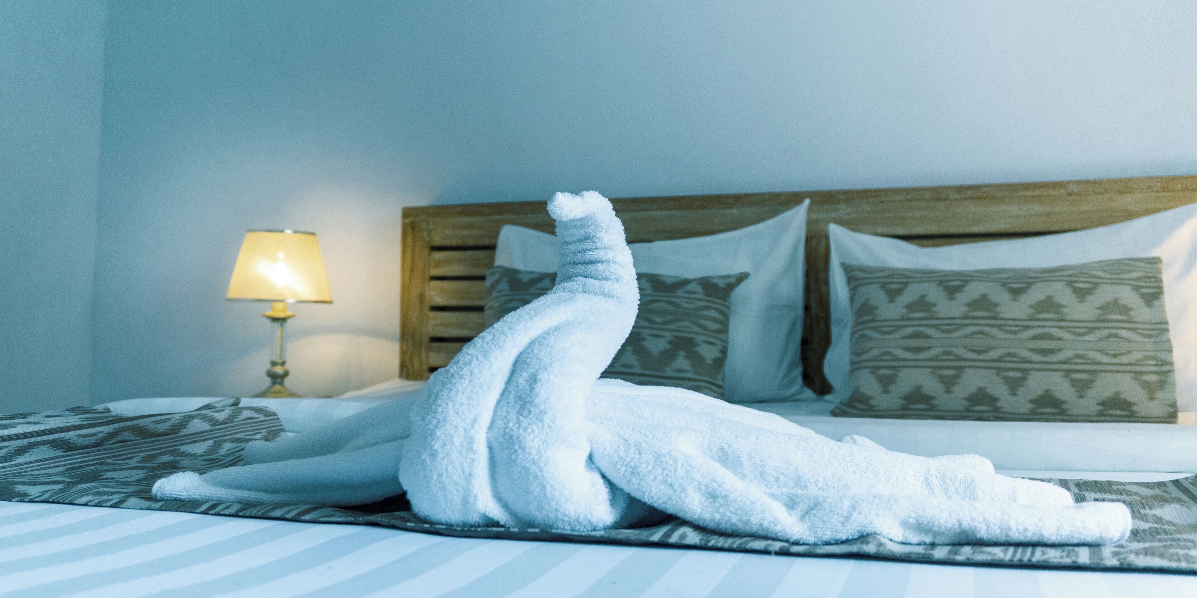 A bed with a white towel arranged in a swan shape, a patterned pillow, and a bedside lamp.