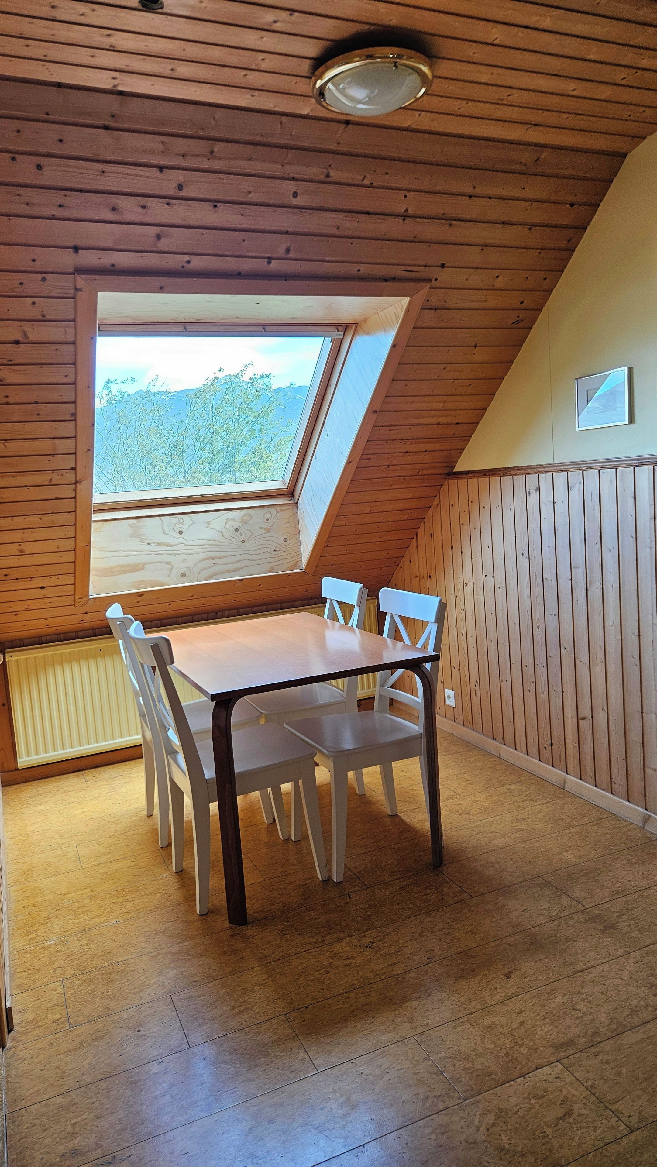 Ein Zimmer mit schrägen Wänden, einem Tisch mit Stühlen, einem Fenster mit Blick auf Bäume und einem Heizkörper.