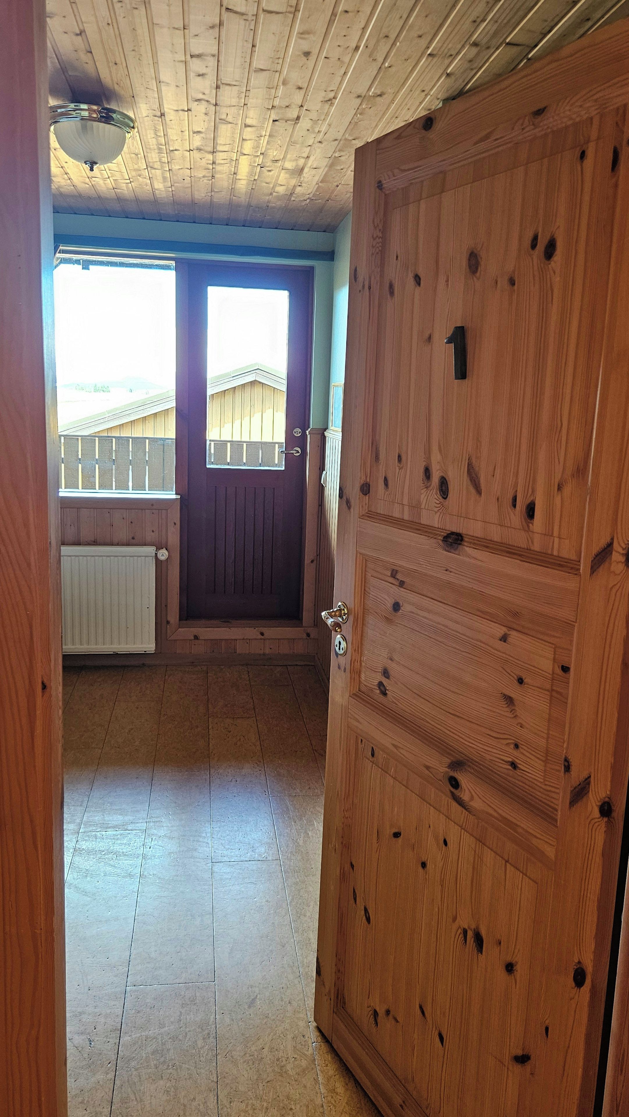 A wooden door with a number, a window with a view of a building, and a radiator on the wall.