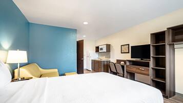 Desk, blackout drapes, soundproofing, iron/ironing board