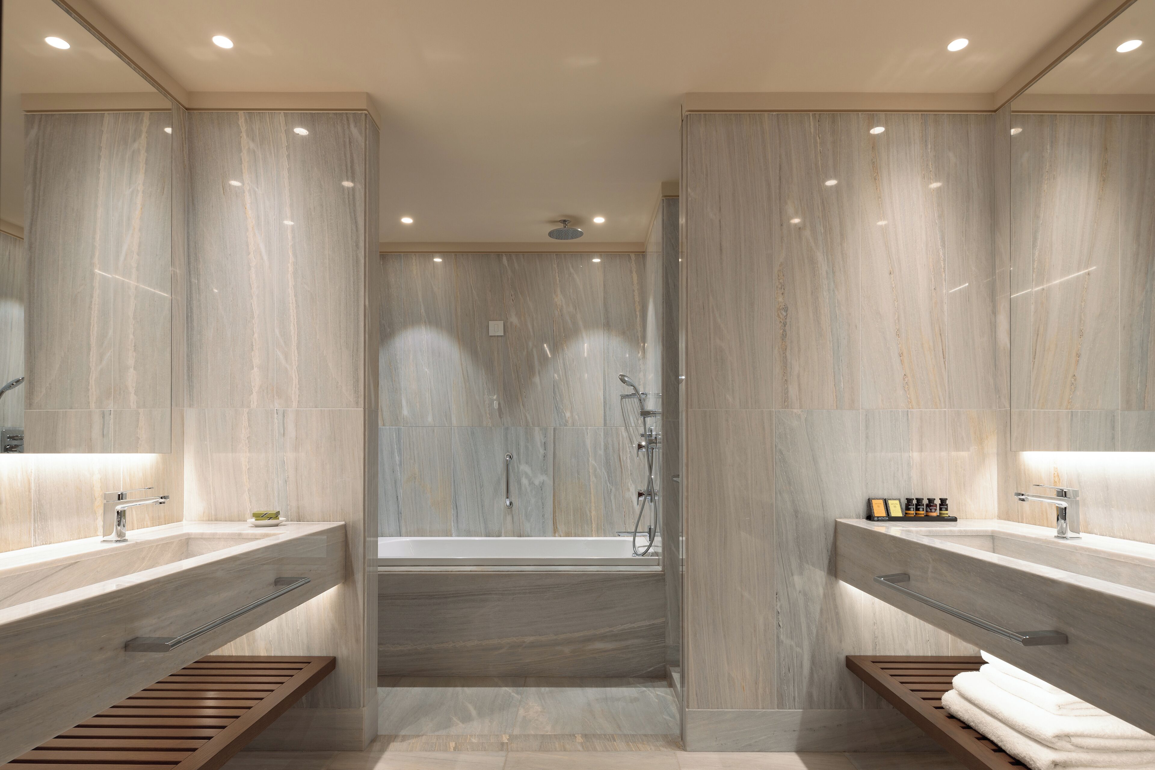 separate bathtub and shower, free toiletries, hair dryer, bathrobes