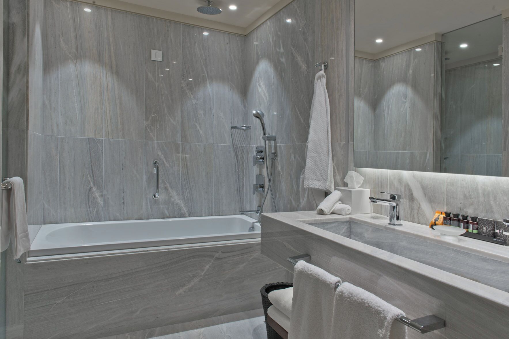 separate bathtub and shower, free toiletries, hair dryer, bathrobes