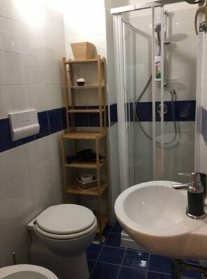 Douche, sèche-cheveux, bidet, serviettes fournies