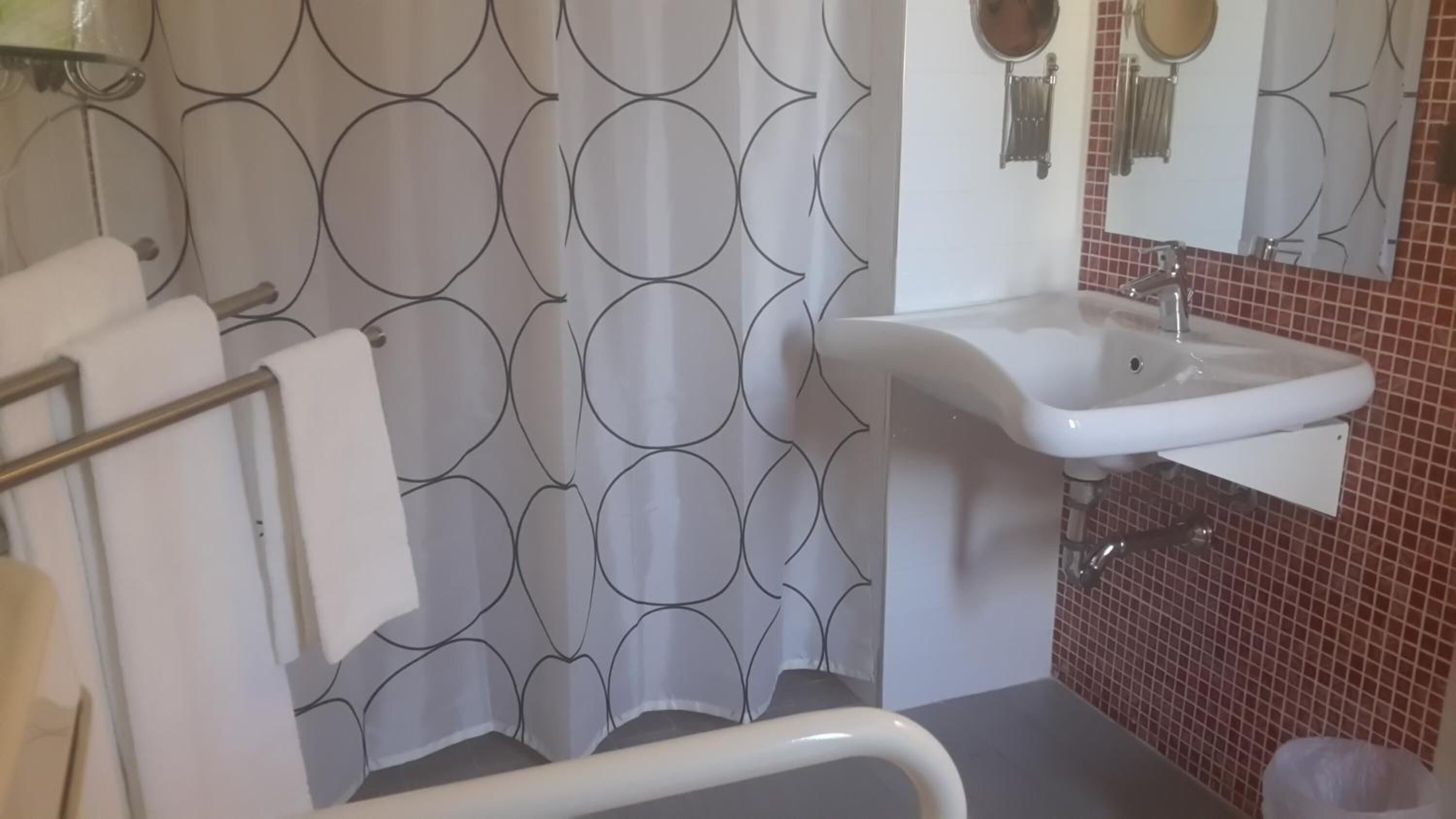 A bathroom with a white sink, a mirror, and a patterned shower curtain.