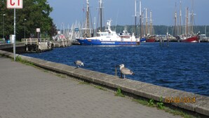 A harbor with boats, a pedestrian walkway, and a sign indicating 'C1'. - Mediterranean lifestyle in a historic setting  (Luhnstedt)