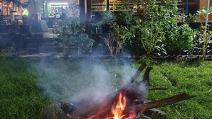 A nighttime outdoor setting with a fire pit, greenery, and a covered area with string lights. - Dream Vision Guest House (Diu)