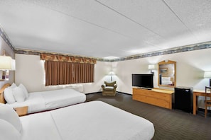 Desk, laptop workspace, blackout curtains, iron/ironing board
