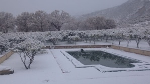 Zona exterior cubierta de nieve con una piscina rectangular, rodeada de árboles y un muro de piedra.