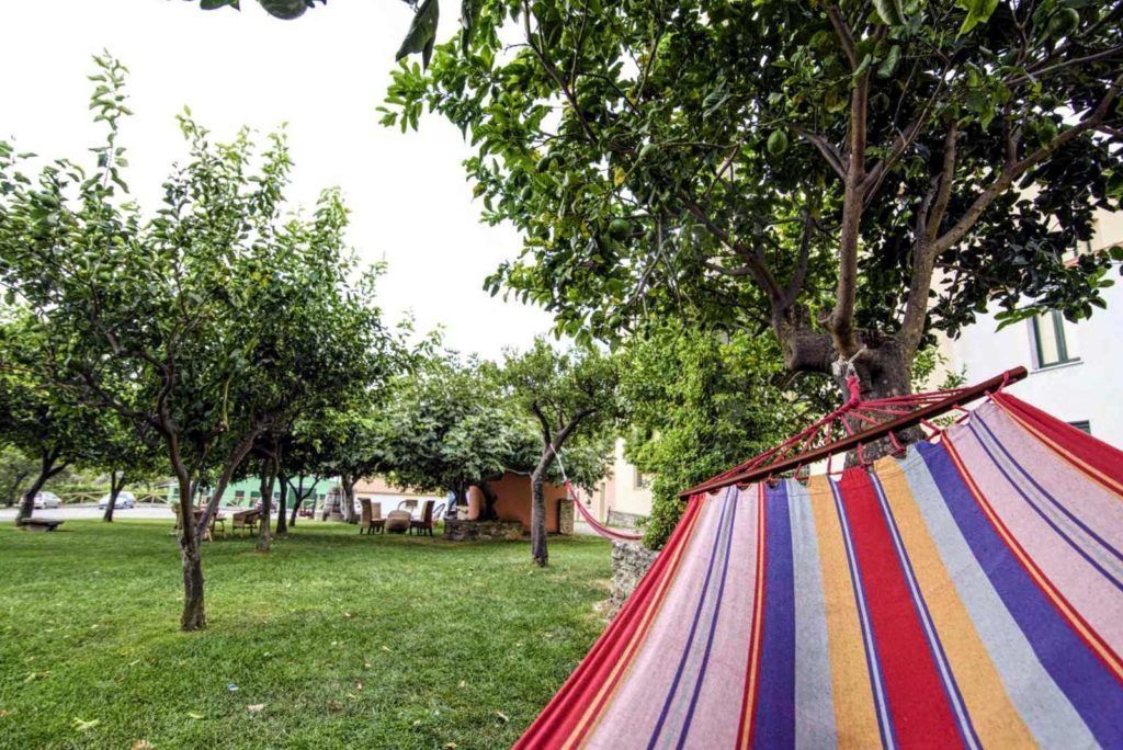 Una hamaca en un área con césped, árboles y un edificio al fondo.