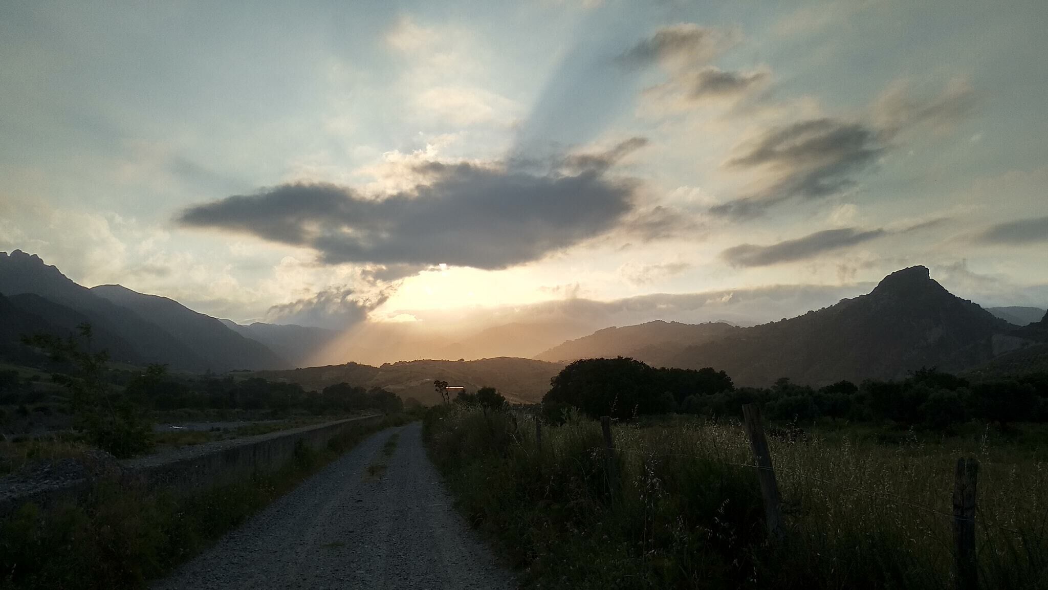 Ein Feldweg führt durch eine ländliche Landschaft, im Hintergrund sind Berge und ein bewölkter Himmel zu sehen.