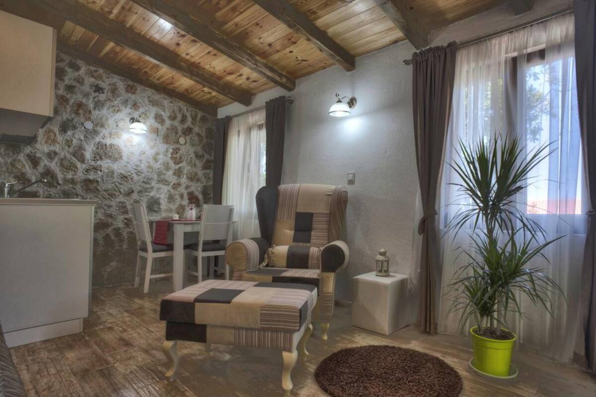 A cozy room with a stone wall, wooden ceiling, a dining table with chairs, a sofa, a small table with a lamp, and a potted plant.