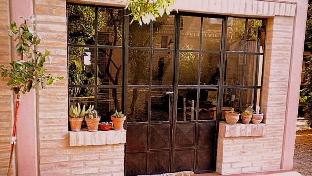 A building with a large window and a door, potted plants on the windowsill, and a brick wall. - La Floridita Puerto Piramides (Puerto Pirámides)